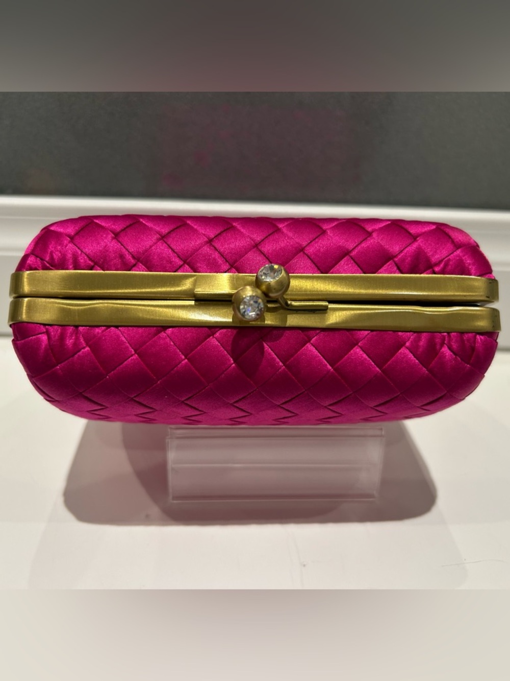 Fuchsia Satin Woven Evening Clutch with Gold-Tone Frame